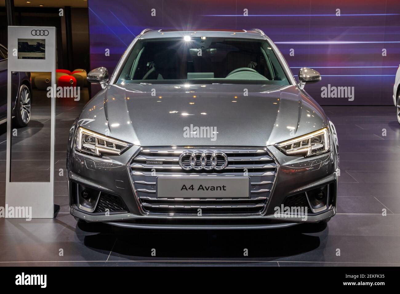 Audi A4 Avant car showcased at the Brussels Autosalon Motor Show. Belgium - January 18, 2019. Stock Photo