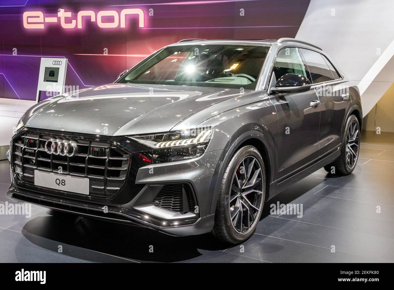 Audi Q8 luxury SUV car showcased at the Brussels Autosalon Motor Show. Belgium - January 18, 2019. Stock Photo