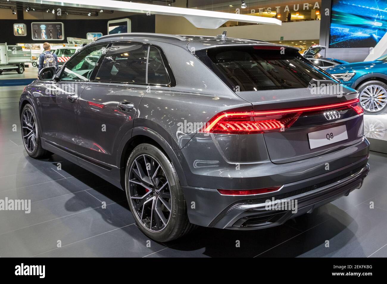 Audi Q8 luxury SUV car showcased at the Brussels Autosalon Motor Show. Belgium - January 18, 2019. Stock Photo