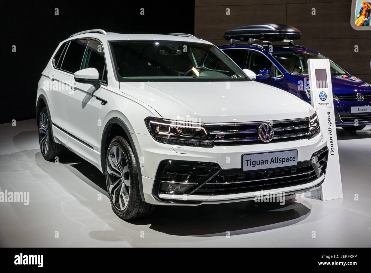 Volkswagen Tiguan Allspace car showcased at the Brussels Autosalon Motor Show. Belgium - January 18, 2019. Stock Photo