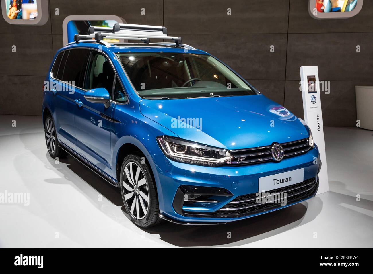 Volkswagen Touran car showcased at the Brussels Autosalon Motor Show. Belgium - January 18, 2019. Stock Photo