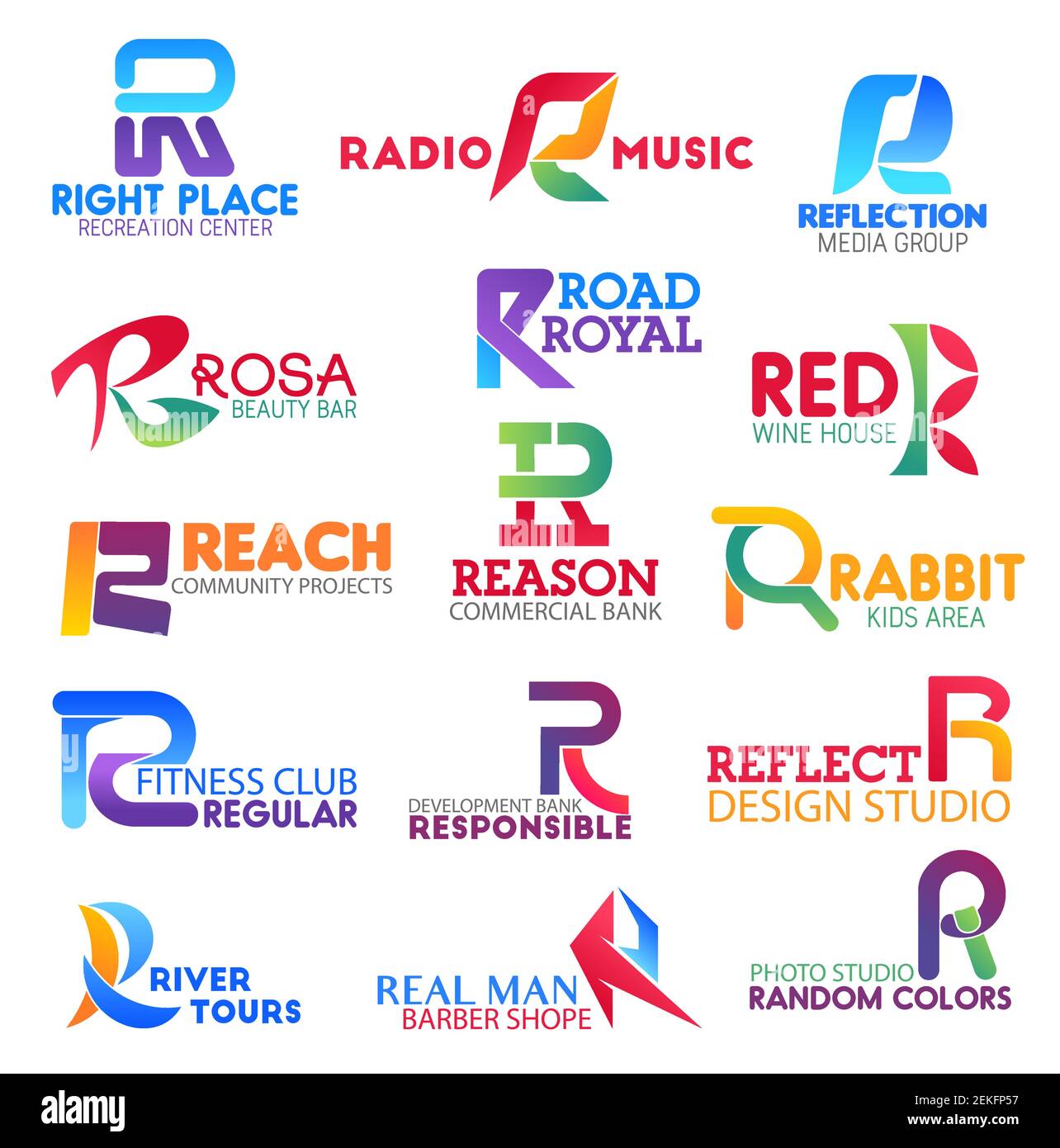 Corporate identity letter R business icons. Vector recreation and music, media and beauty, road and drink, community. Banking and entertainment, sport Stock Vector