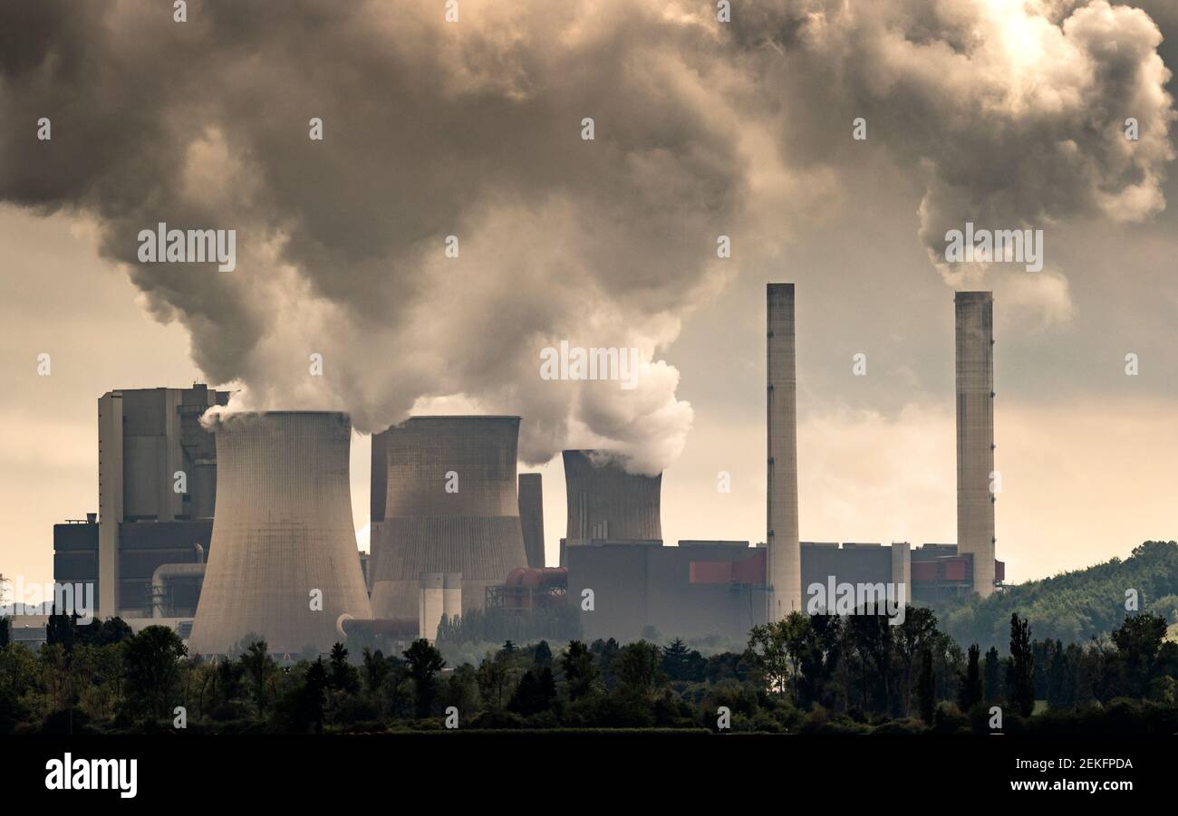 Industrial brown coal power plant chimney smokestack emission. Stock Photo