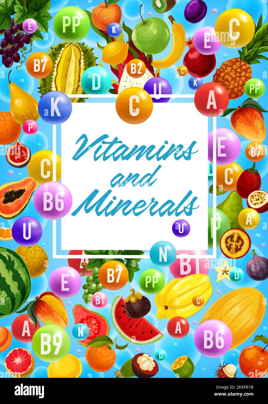Vitamins and minerals in organic healthy fruits. Vector multivitamin