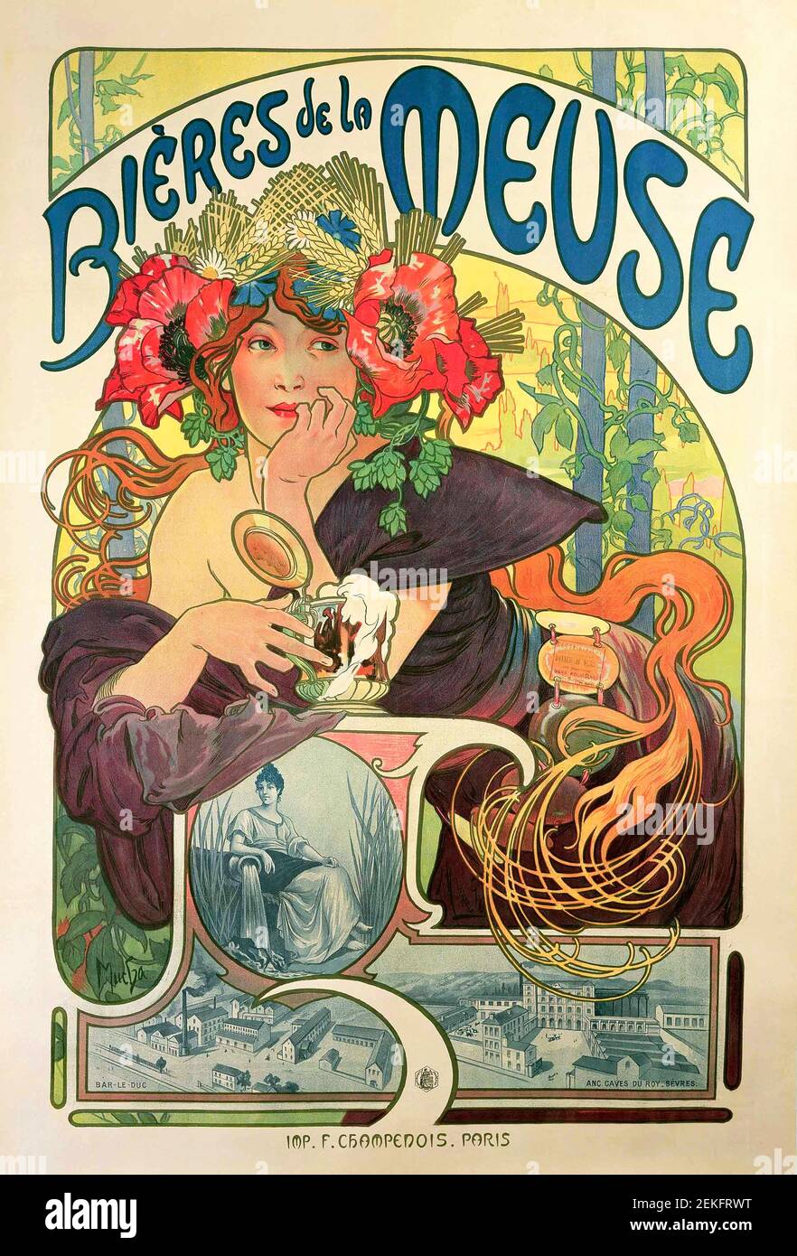 Alphonse Mucha, advertising poster for 'Bieres de La Meuse', colour lithograph, 1897.  Alfons Maria Mucha (1860 -1939) was a Czech Art Nouveau painter, illustrator and graphic artist, Stock Photo