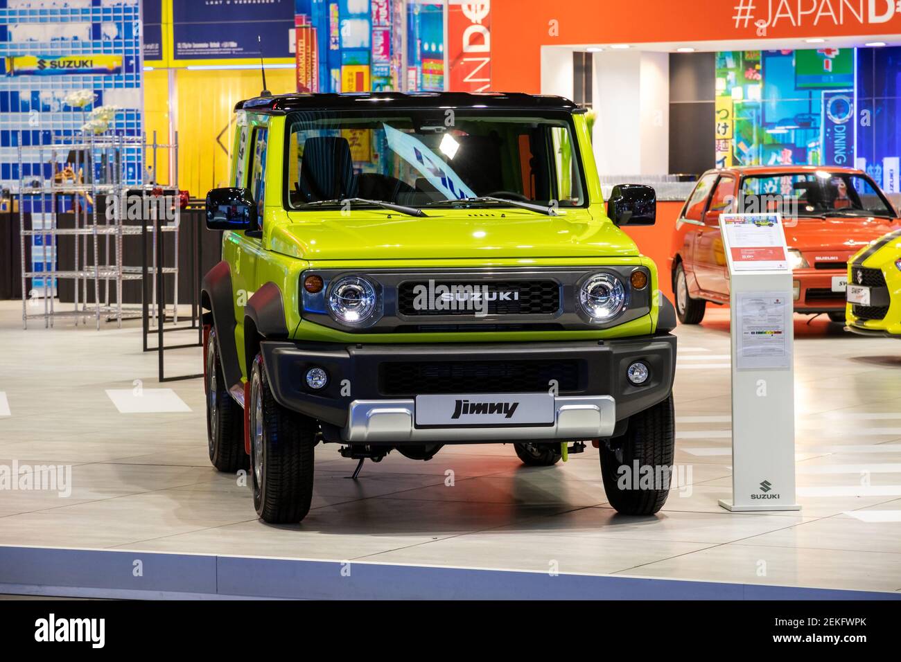 Suzuki Jimny car showcased at the Brussels Autosalon Motor Show. Belgium - January 18, 2019. Stock Photo