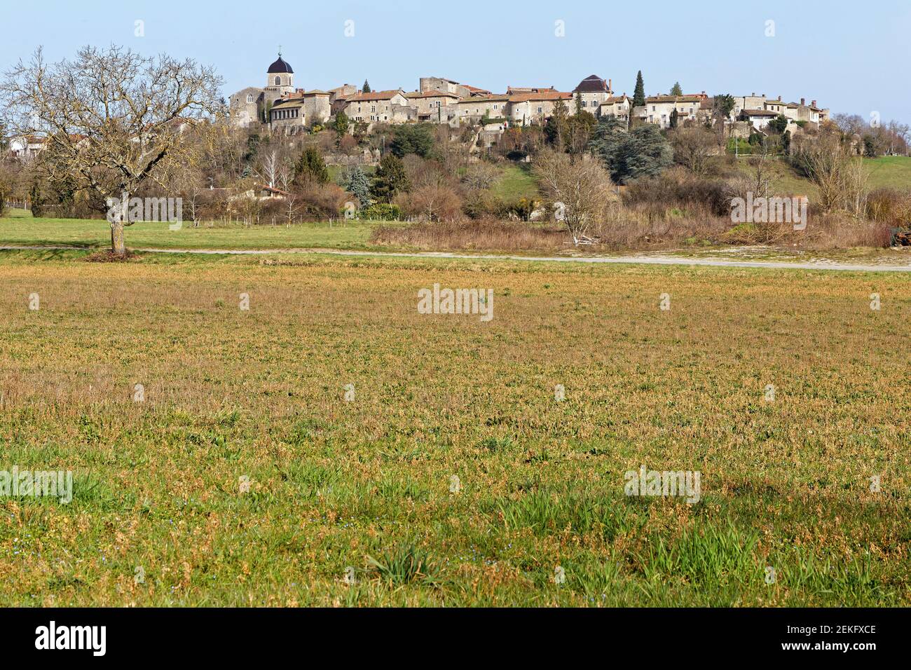 PEROUGES, FRANCE, February 23, 2021 : Far view of the old medieval town ...