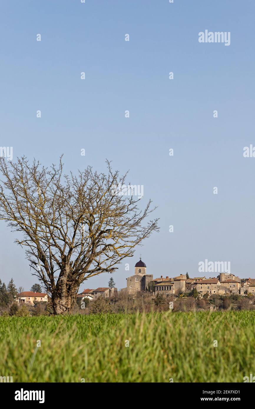 PEROUGES, FRANCE, February 23, 2021 : Far view of the old medieval town ...