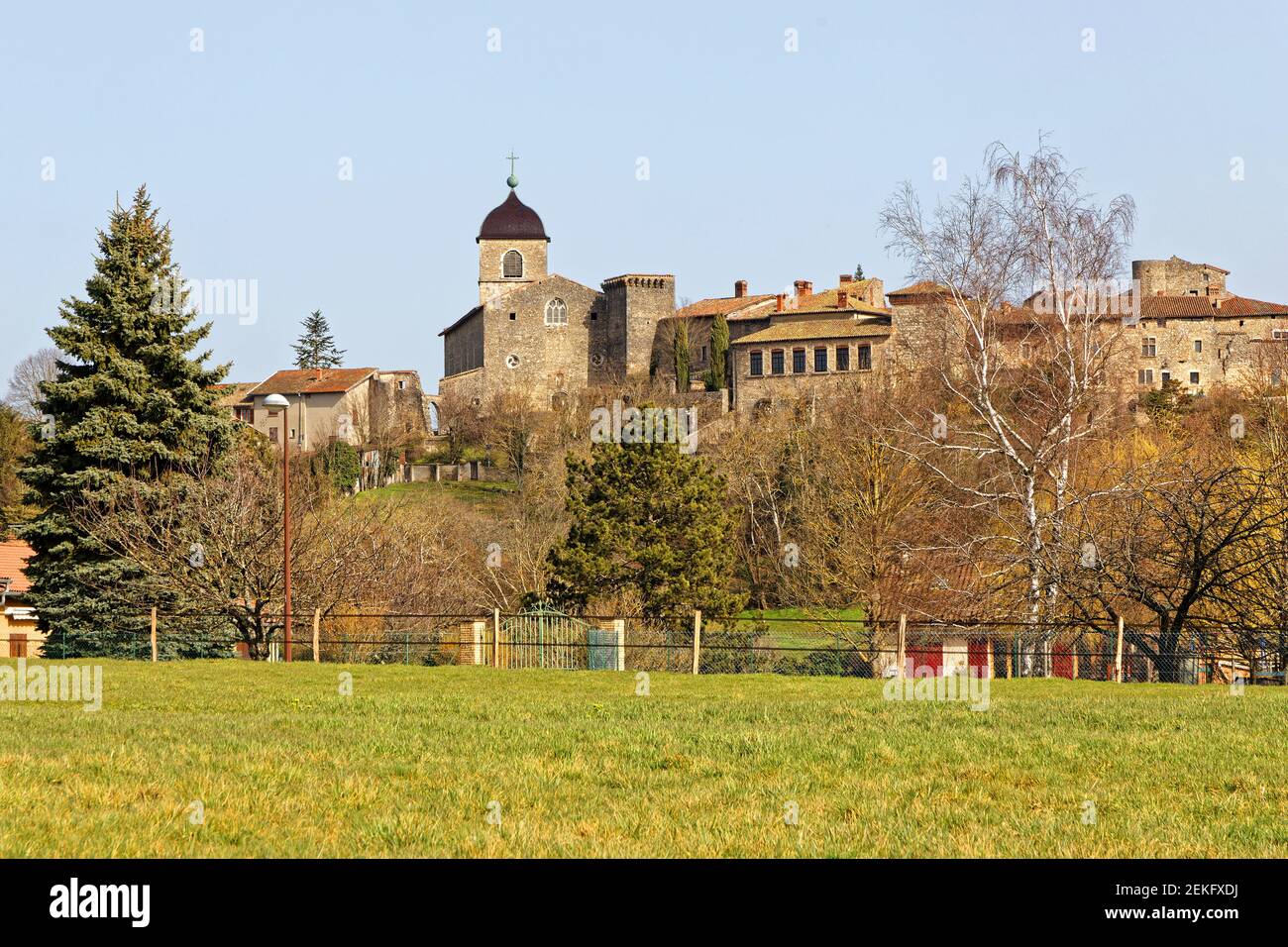 PEROUGES, FRANCE, February 23, 2021 : Far view of the old medieval town ...