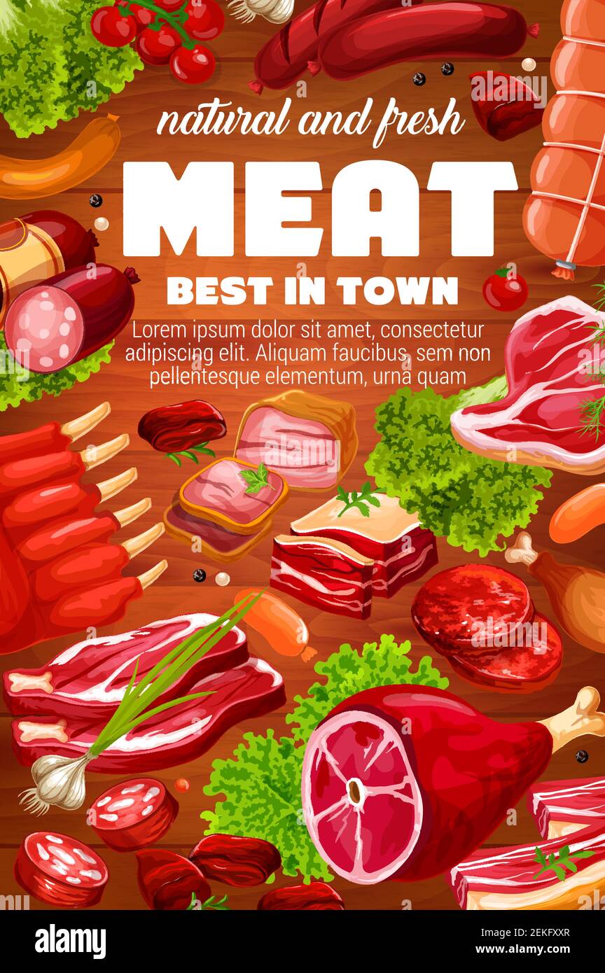 Butcher shop meat and sausages products of pork, beef and mutton. Vector butchery gourmet delicatessen, steak sirloin, ham and bacon, salami and cerve Stock Vector