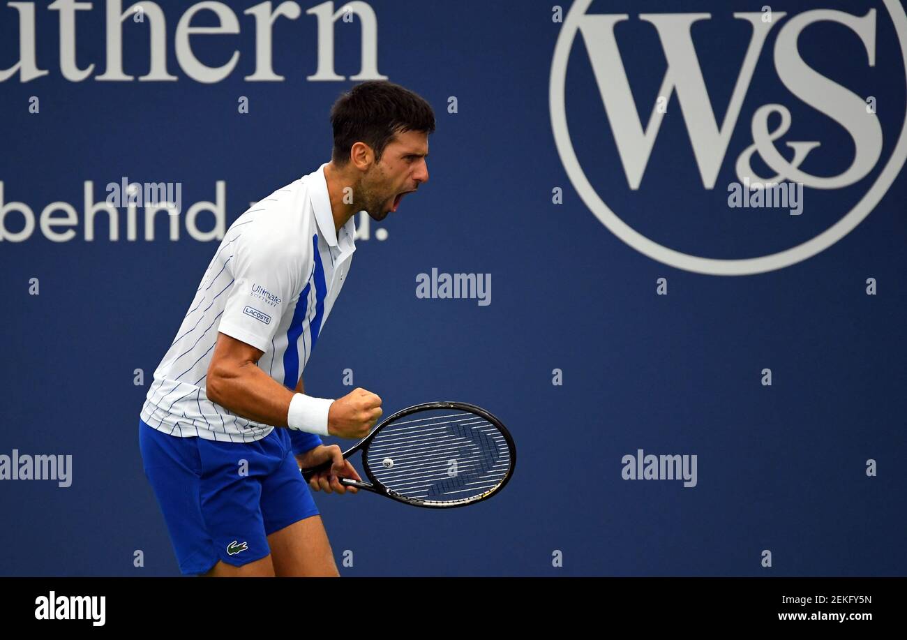Aug 29, 2020; Flushing Meadows, New York, USA; Novak Djokovic (SRB) reacts  against Milos Raonic (CAN) during the Western & Southern Open at the USTA  Billie Jean King National Tennis Center. Mandatory