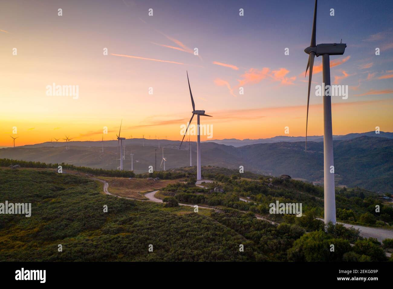 Drone aerial view of wind turbines eolic renewable energy in Fafe