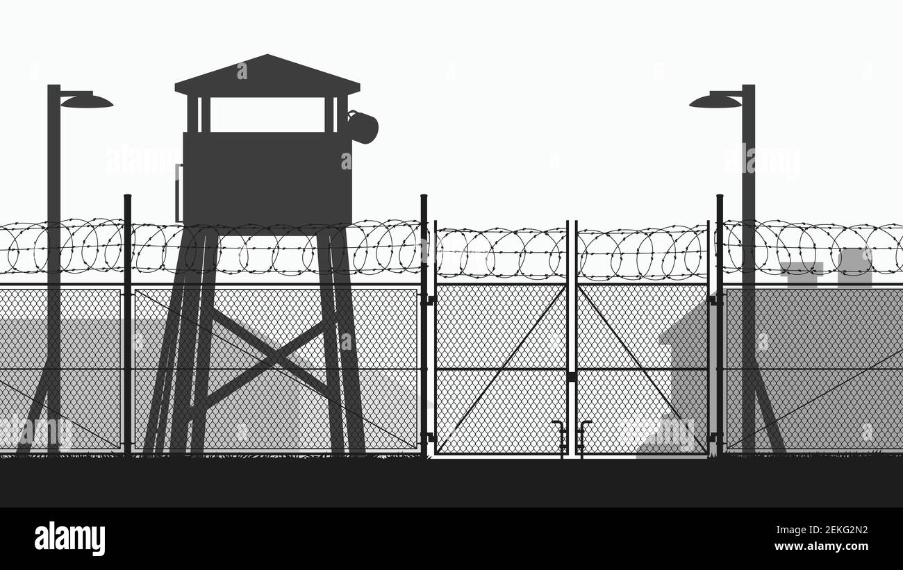 chain fence and guard tower at military base Stock Vector
