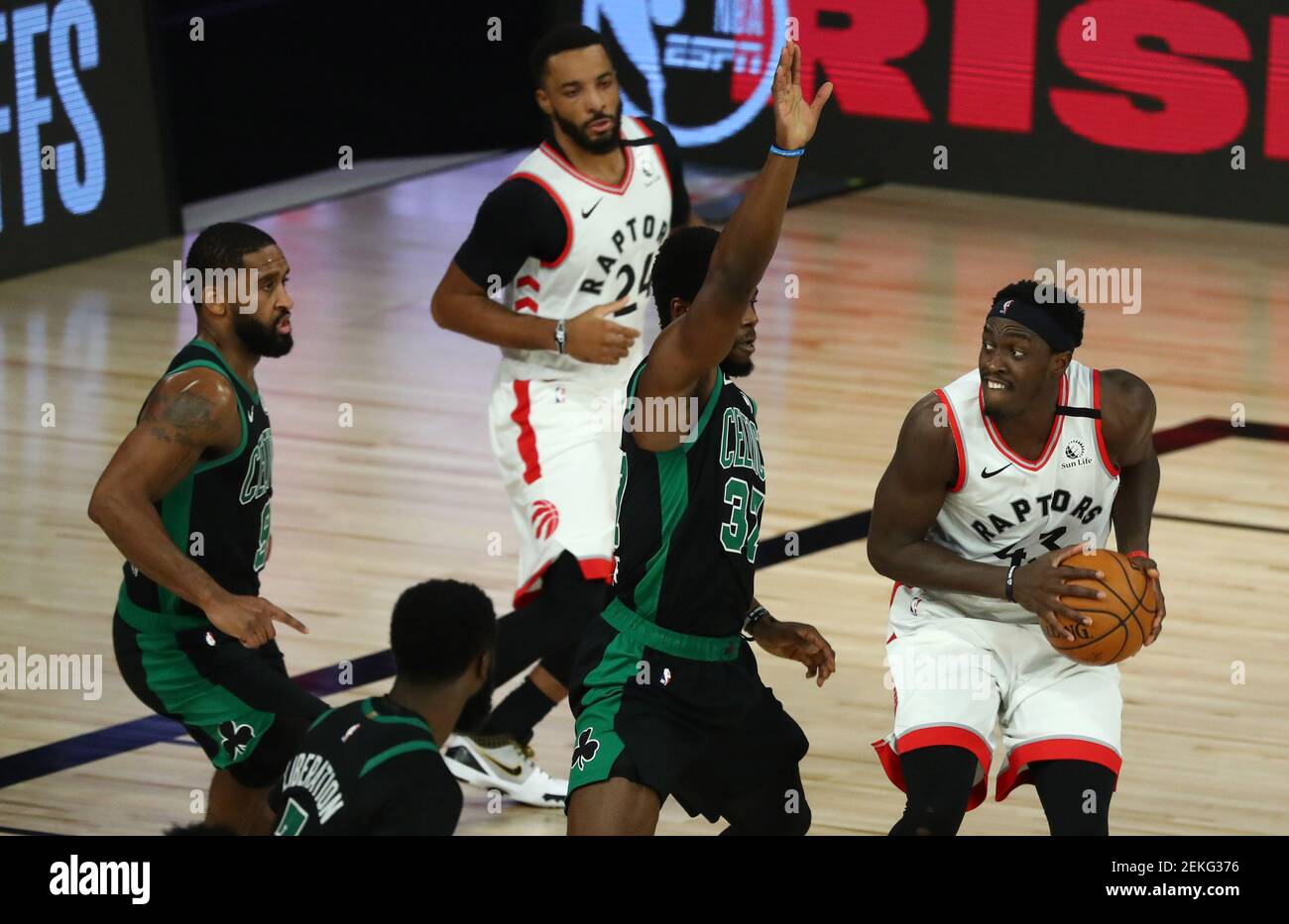 Aug 30 2020 Lake Buena Vista Florida Usa Toronto Raptors Forward Pascal Siakam 43 Is Defended By Boston Celtics Forward Semi Ojeleye 37 During The Fourth Quarter In Game One Of The