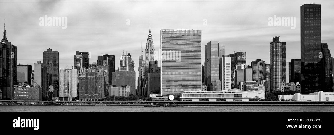Skyline with skyscrapers, United Nations Headquarters and Chrysler Building, New York City, New York State, USA Stock Photo