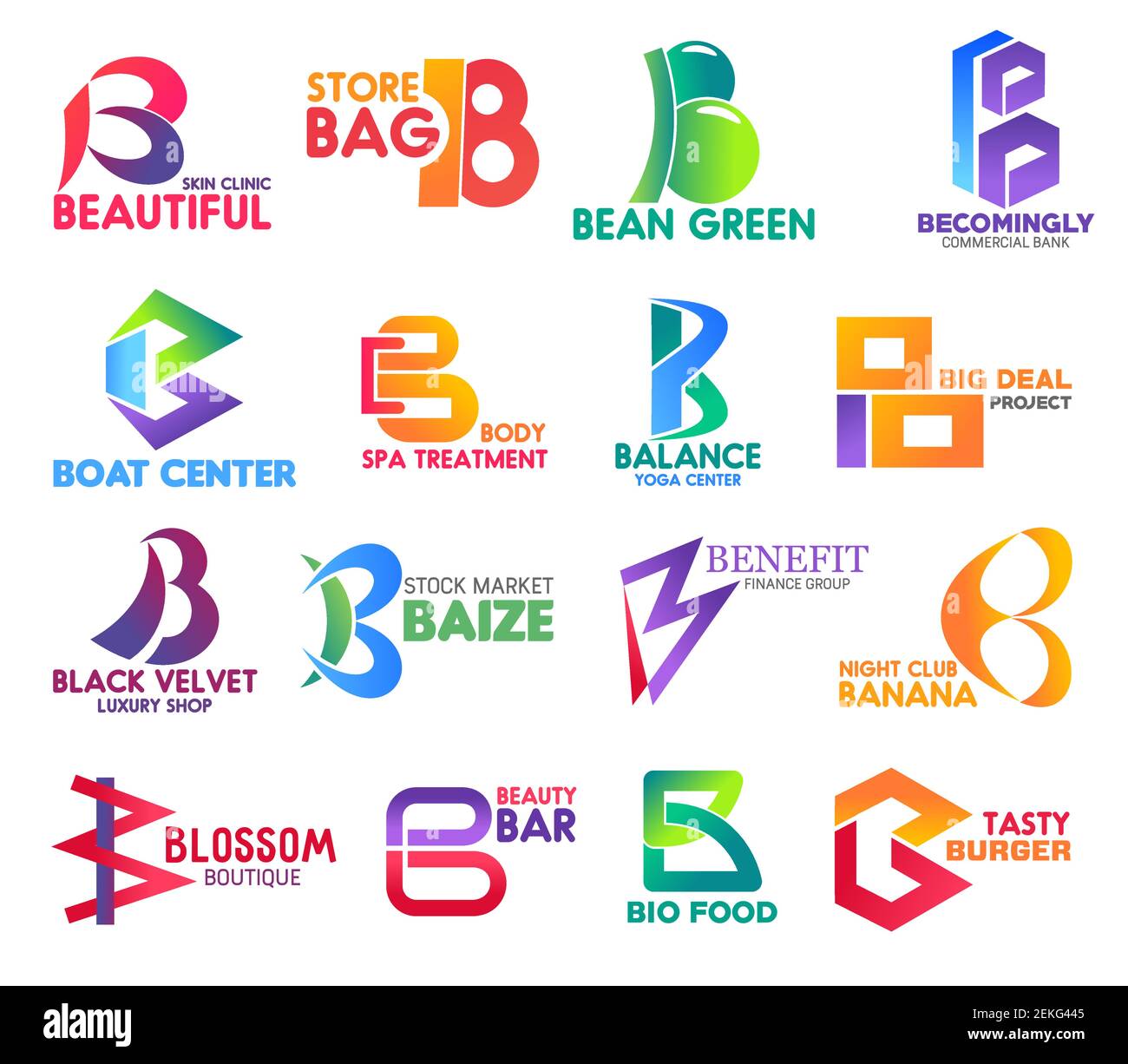 Corporate identity letter B business icons. Vector medicine and shopping, ecology and banking, travel and reacreation. Sport and stock, finance and en Stock Vector