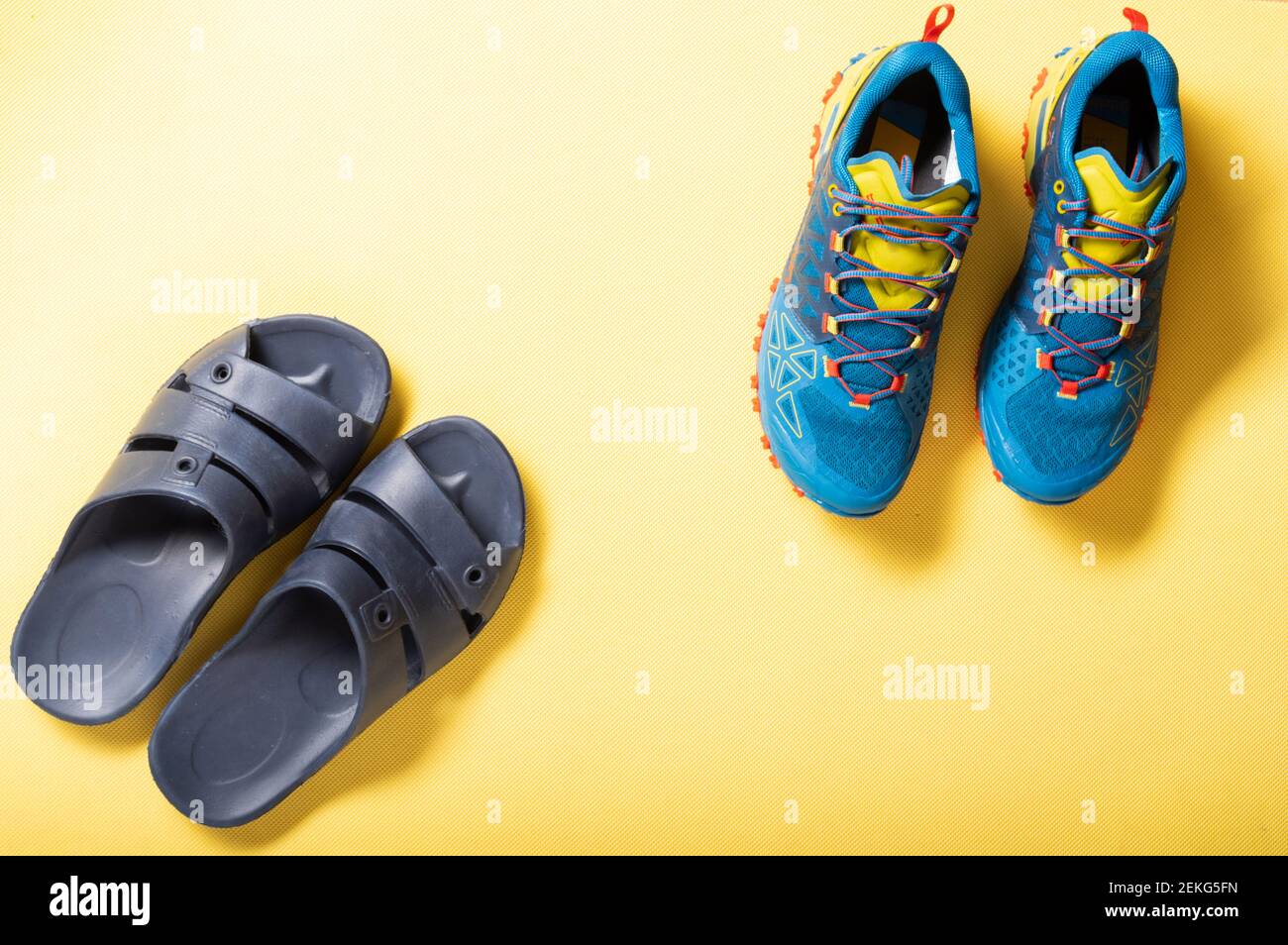 Bath slippers and sports sneakers. Pool slippers and running shoes