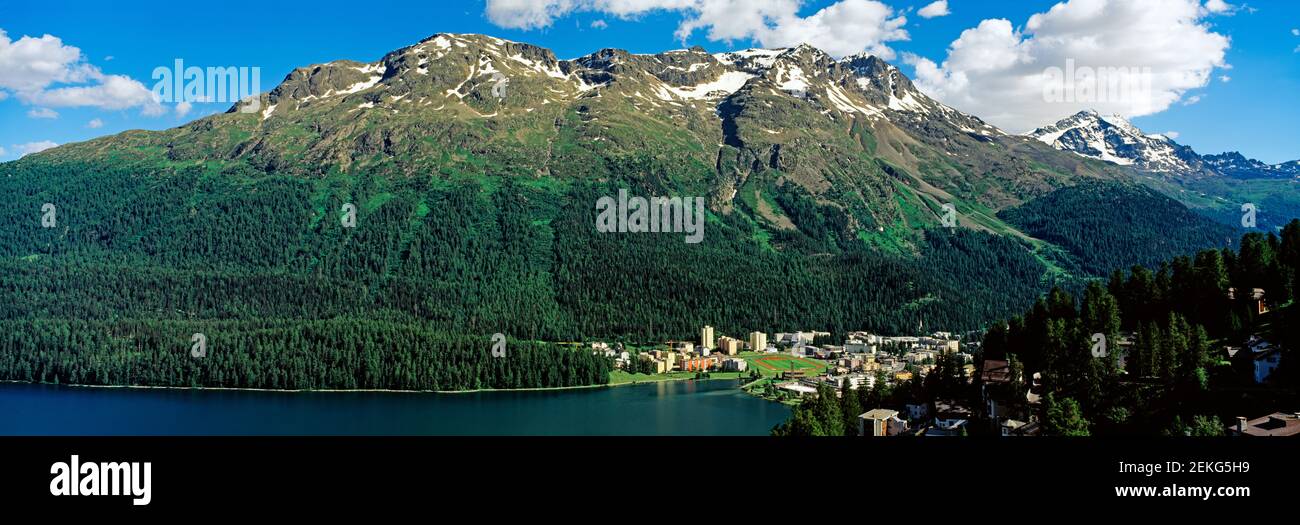 Mountain range, town of St. Moritz and St. Moritz Lake, Grisons Canton, Switzerland Stock Photo
