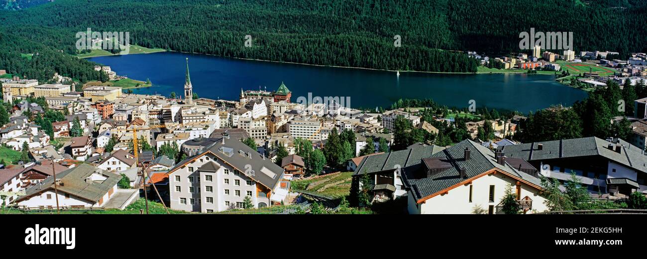 Town of St. Moritz and St. Moritz Lake, Grisons Canton, Switzerland Stock Photo