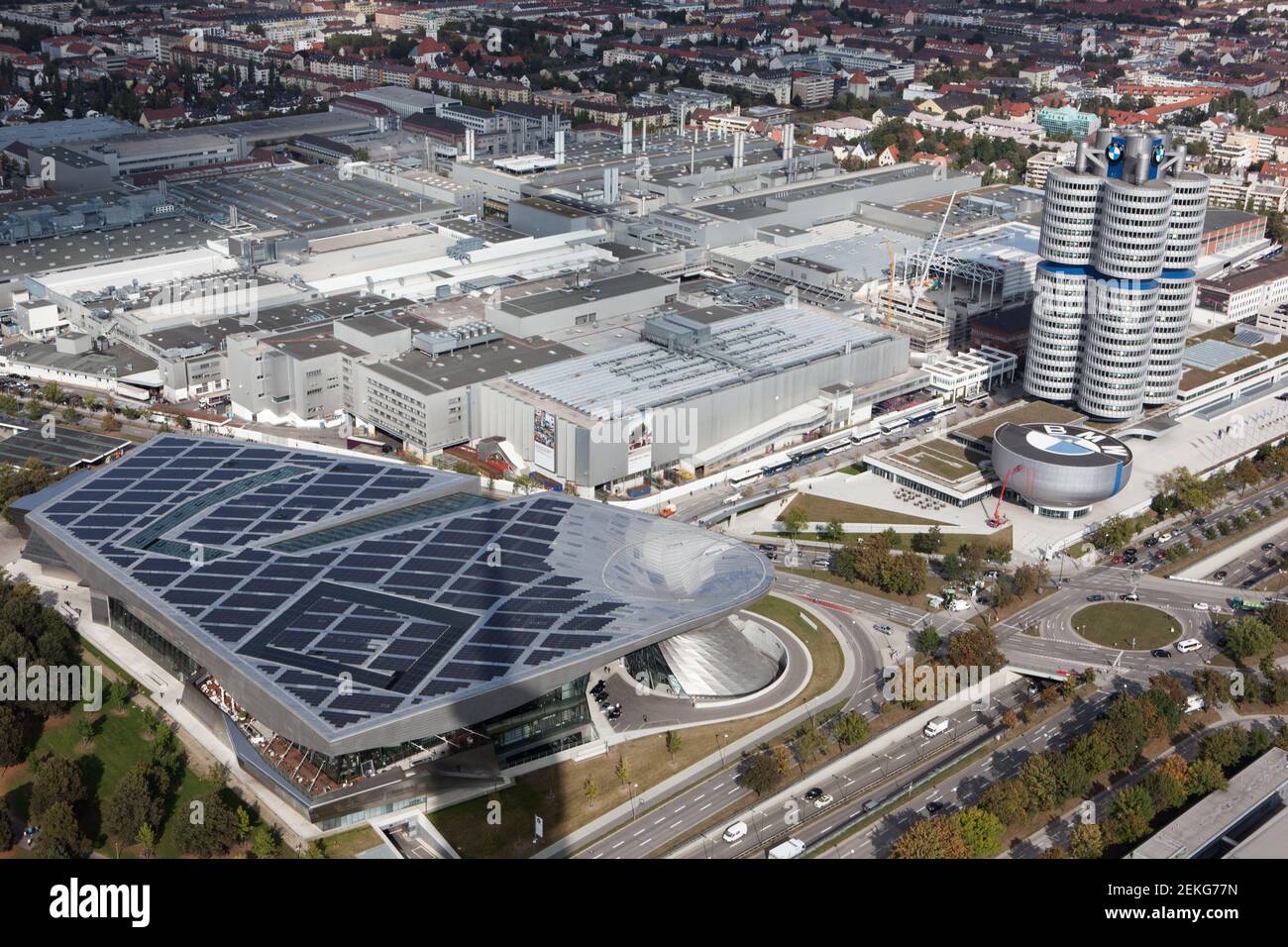 Germany Munich An aerial view of the BMW factory and  BMW World and BMW headquarters Stock Photo