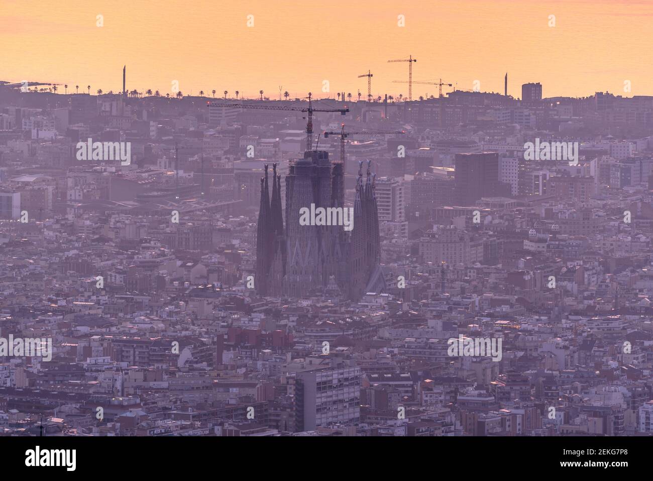 Panoramic of Barcelona in a winter sunrise, seen from the Tibidabo mountain (Barcelona, Catalonia, Spain) Stock Photo