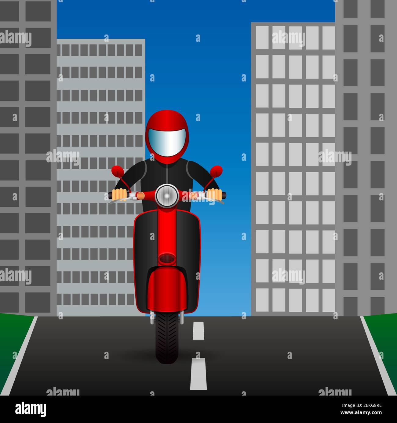 Scooter rides on an asphalt road in the middle of the city. Vector ...