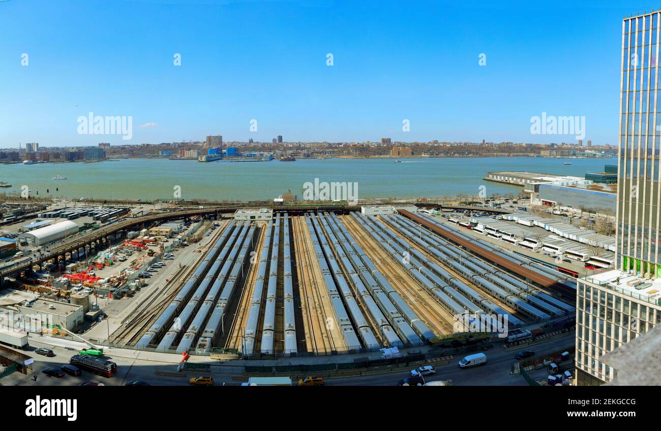 Hudson Train Yard under clear blue sky, New York City, New York, USA Stock Photo