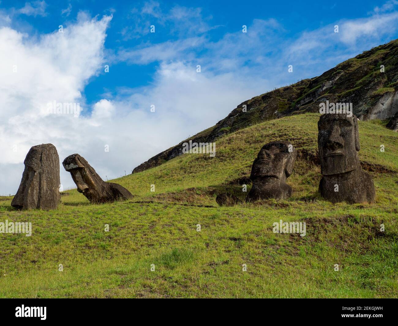 Moai statues at Rano a Raraku, Easter Island, Chilean Polynesia Stock Photo