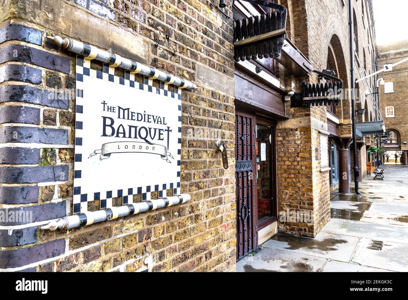 Exterior of The Medieval Banquet immersive medieval themed restaurant in St Katharine Docks, London, UK Stock Photo