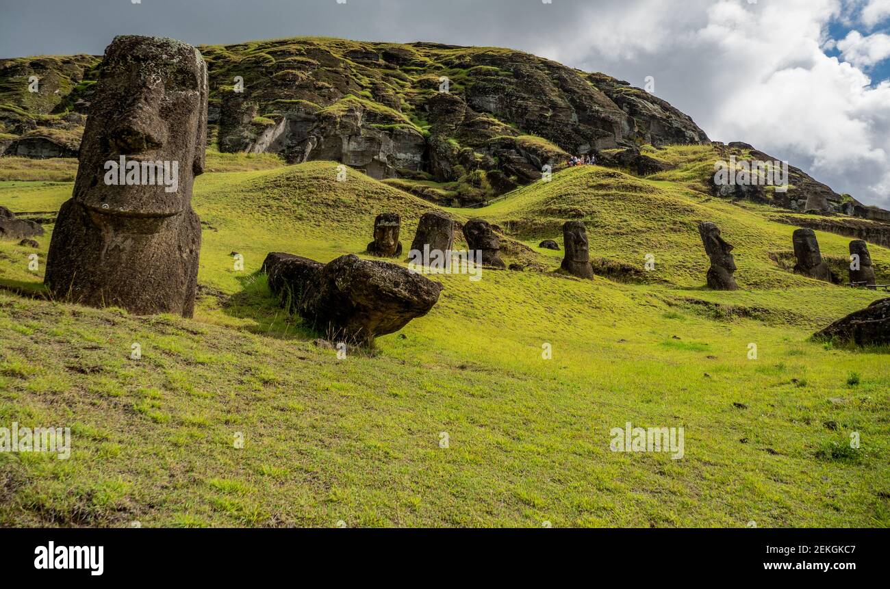 Moai statues at Rano a Raraku, Easter Island, Chilean Polynesia Stock Photo