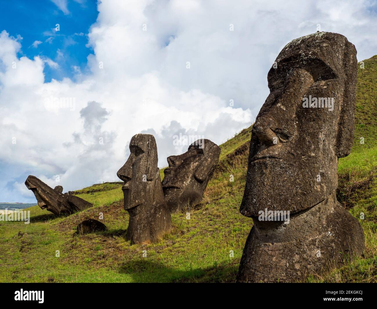 Moai statues at Rano a Raraku, Easter Island, Chilean Polynesia Stock Photo