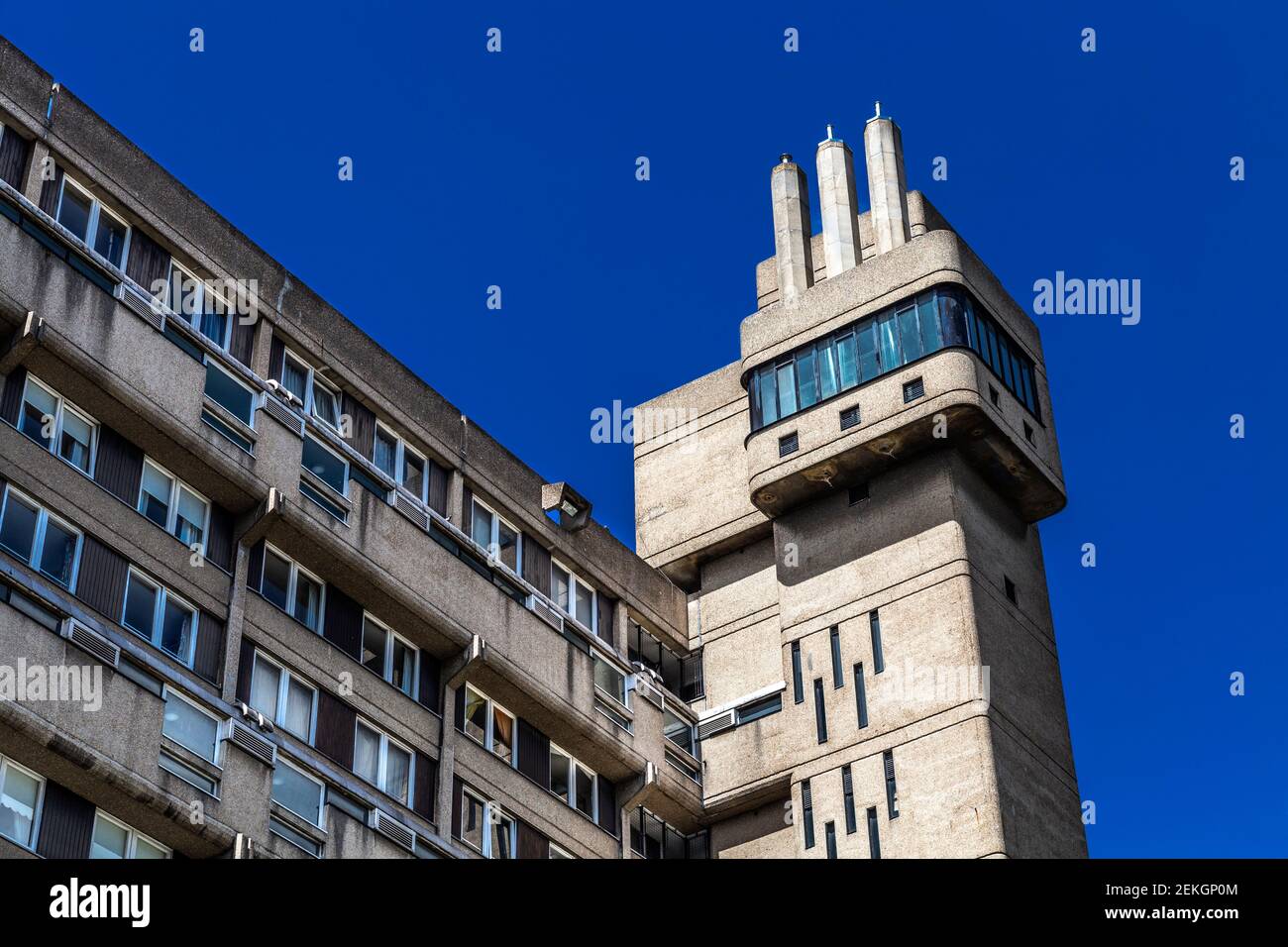 Exterior of brutalist style Glenkerry House on Brownfield Estate, Poplar, London, UK Stock Photo