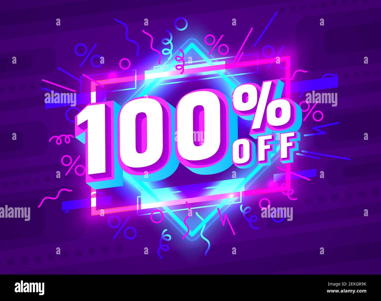 Cyber 100 off sale banner, light neon flyer, retro label. Vector