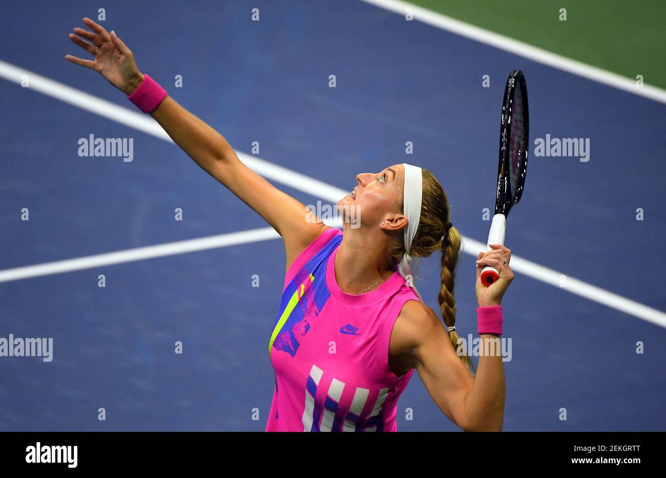 Sep 4, 2020; Flushing Meadows, New York, USA; Petra Kvitova of Czech  Republic serves the ball against Jessica Pegula of the United States on day  five of the 2020 U.S. Open tennis