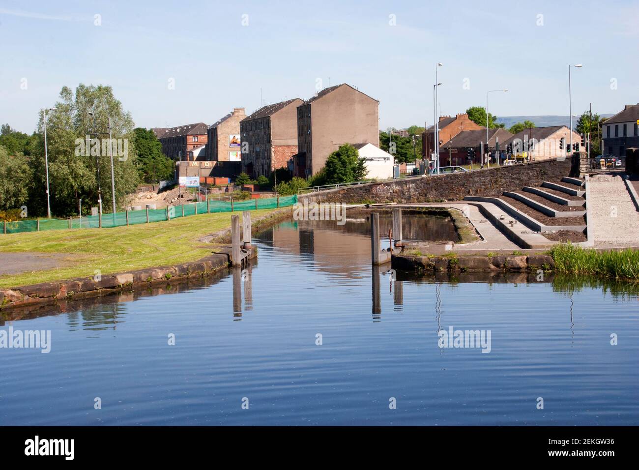 Forth and Clyde Canal at Maryhill, Glasgow showing the boat dock. Stock Photo