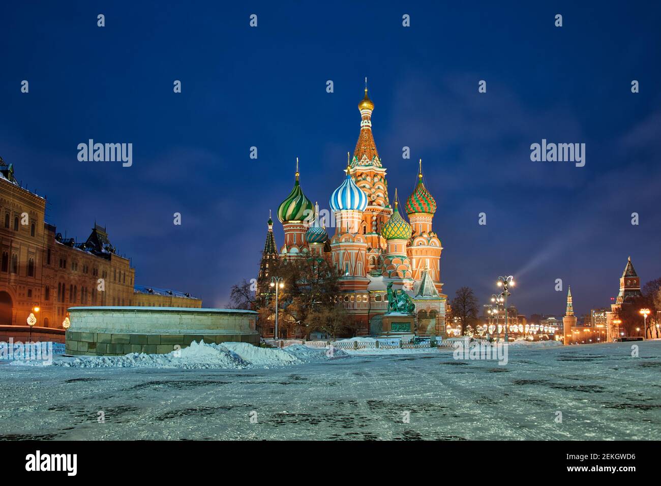Lobnoye Mesto and St. Basil’s Cathedral in Winter Twilight Stock Photo