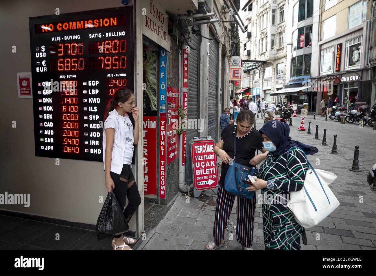 A women stand in front of the exchange office, in Istanbul on September 5,  2020, in Istanbul, Turkey, According to reports, the Turkish Lira fell to a  fresh record low on September