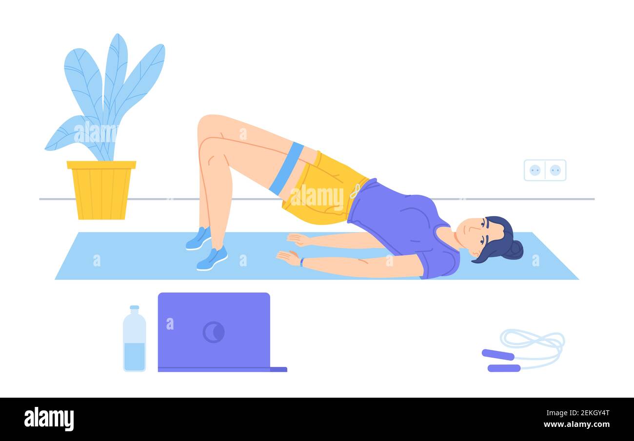 Girl do a Pelvic Lift lying on mat during watching sport coach on laptop. Online exercise, sport home, body positive, morning work-out concept. Stock Stock Vector