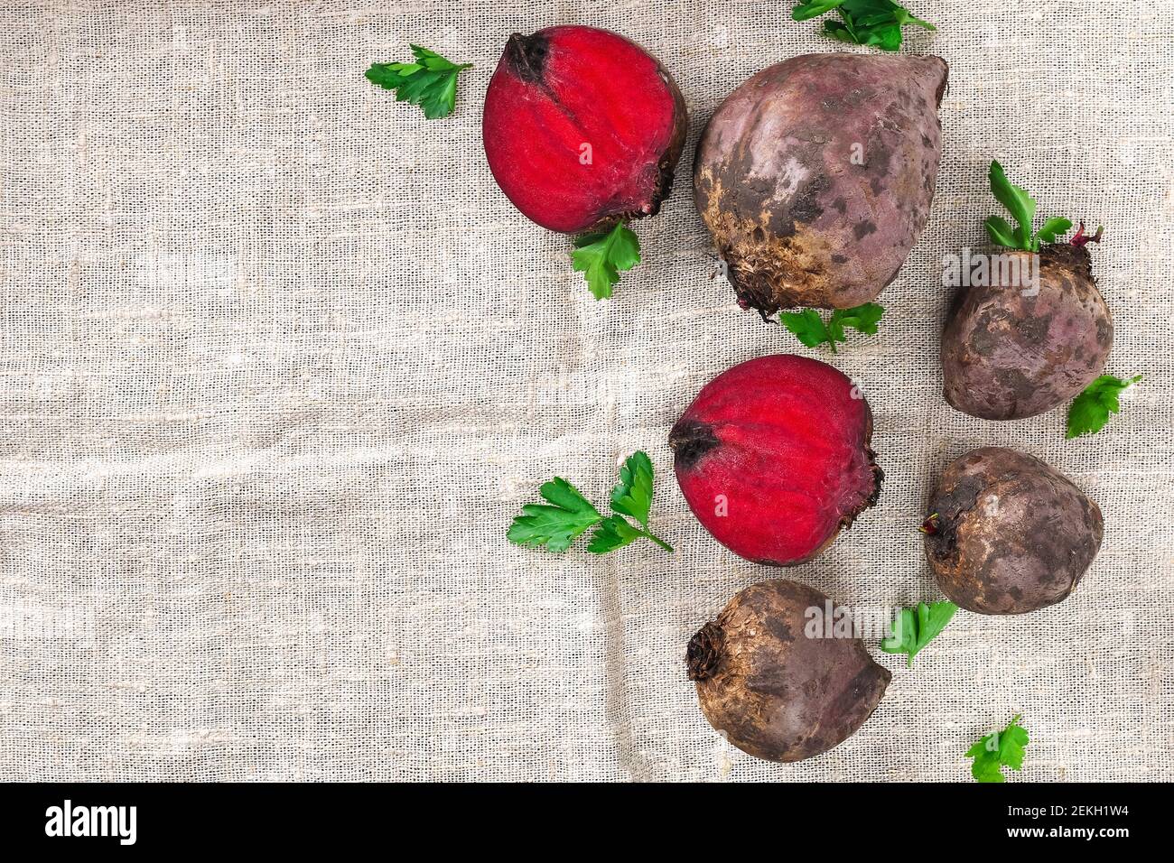 Beets for cooking. Beetroot vegetables on the table. Top view. Stock Photo