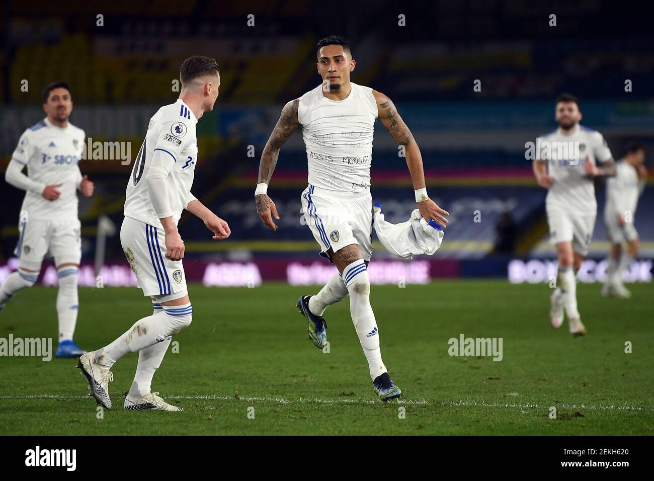 Leeds United's Raphinha celebrates scoring their side's third goal of the game during the Premier League match at Elland Road, Leeds. Picture date: Tuesday February 23, 2021. Stock Photo