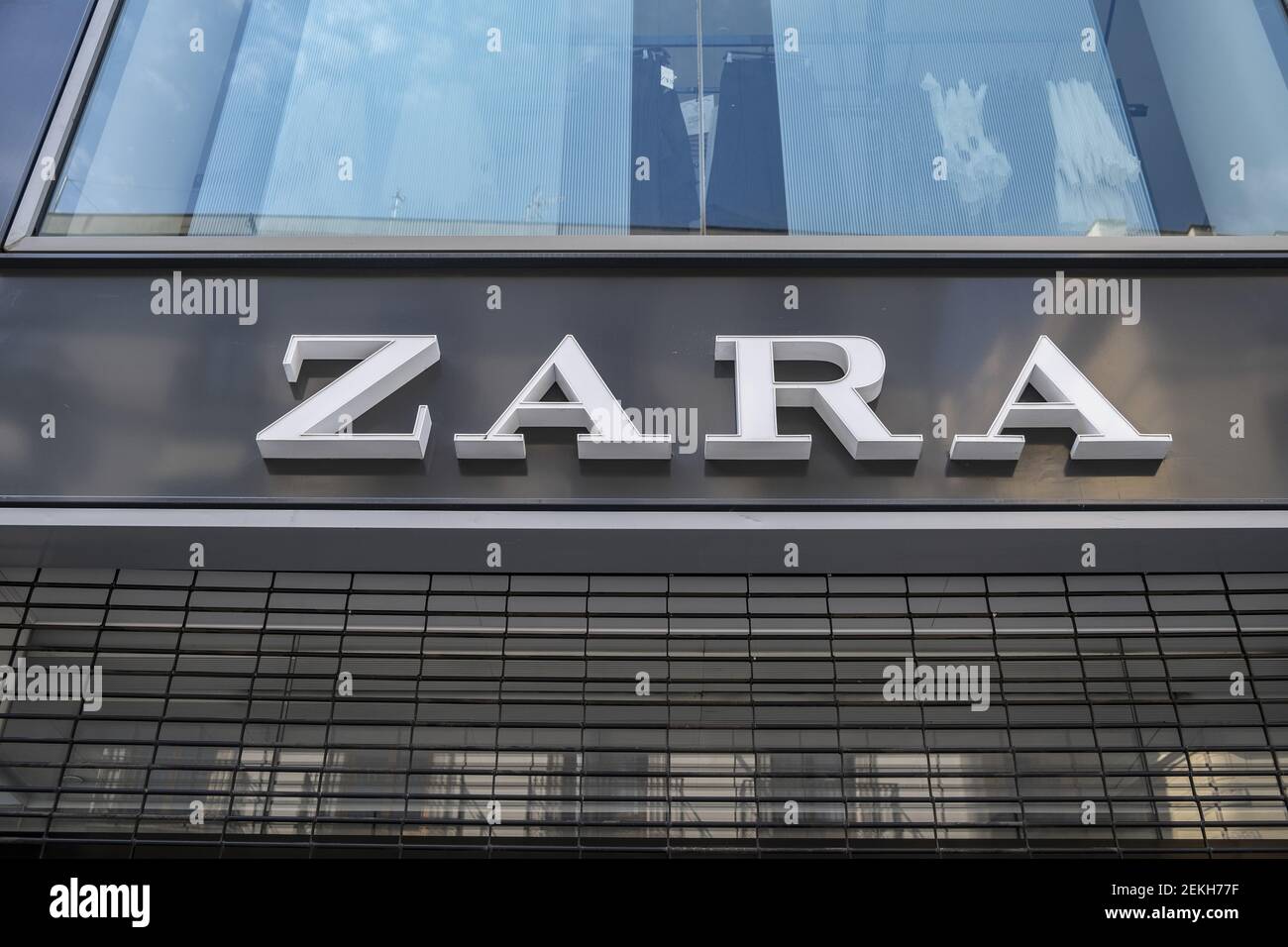 The Zara logo, one of the Inditex group brands seen at the commercial hub  of Portal del l'Àngel de Barcelona. After presenting economic losses for  the first time the textile giant Inditex