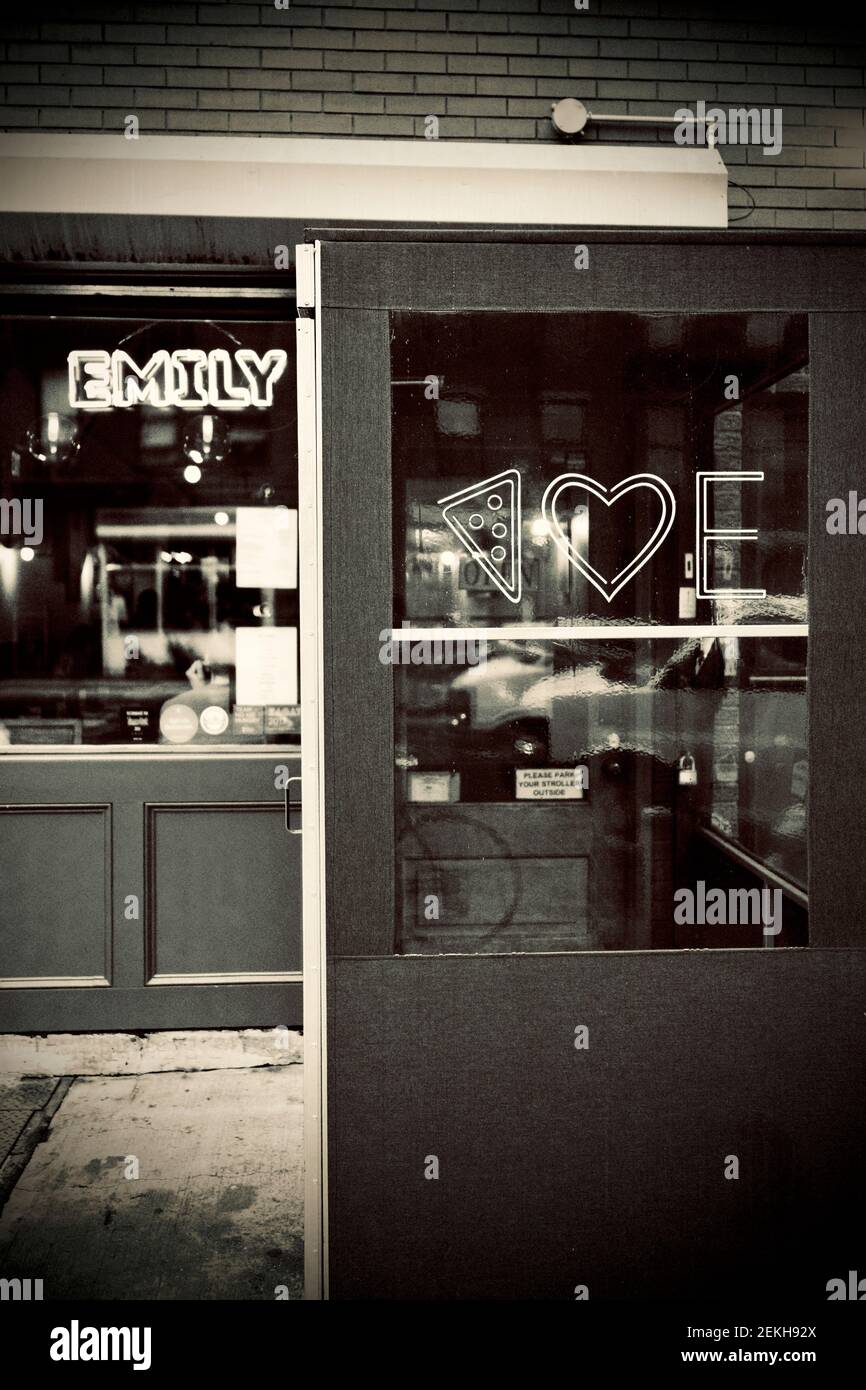 Emily Loves Pizza restaurant in Brooklyn, New York, USA.  Pizza and Burgers, popular restaurant in Brooklyn. Stock Photo