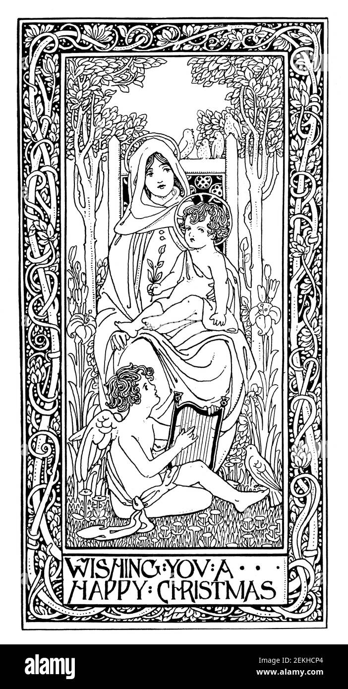 Art Nouveau Wishing You a Happy Christmas Greetings Card design by Ethel Larcombe, of Exeter, from 1900 The Studio an Illustrated Magazine of Fine and Stock Photo