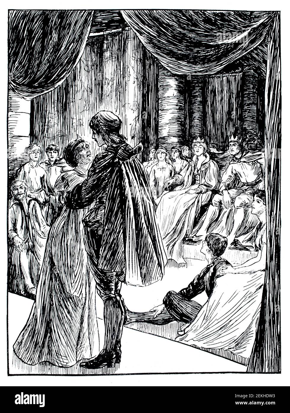 Scene from Shakespeare’s drama Hamlet by Ethel Sowels of Thetford, Norfolk, line illustration from 1900 The Studio an Illustrated Magazine of Fine and Stock Photo