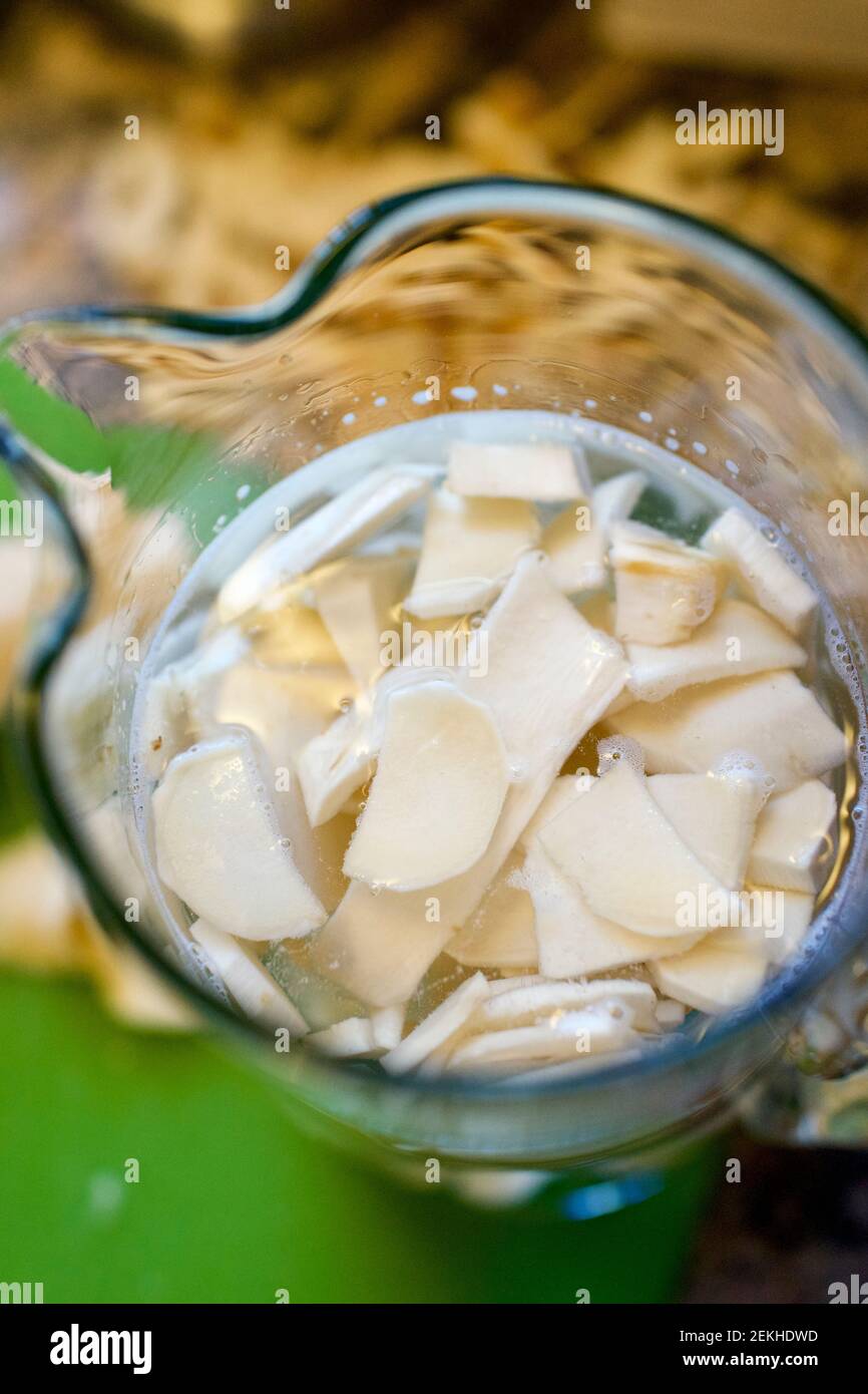 Sliced Horseradish root being infused in glass pitcher with Vodka.  Horseradish along with hot peppers to make perfect match for Bloody Mary cocktails Stock Photo