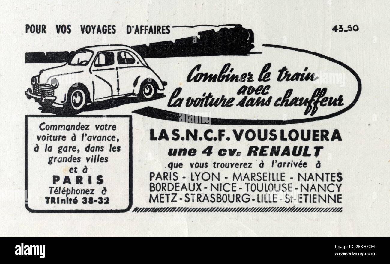 Publicité ancienne. Combinez le train avec la voiture sans chauffeur. 1950 Stock Photo