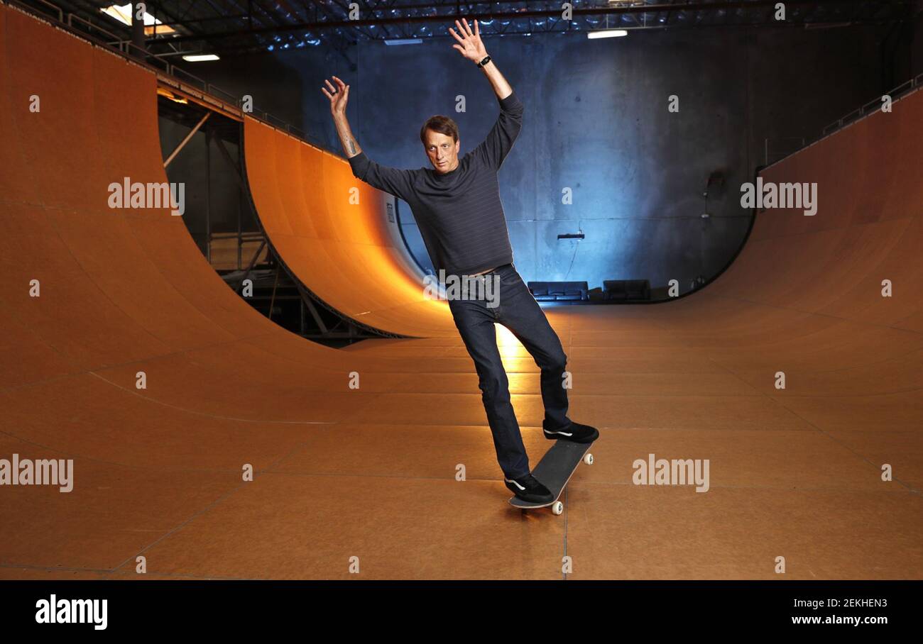 Skateboarding legend Tony Hawk stands on his ramp at his warehouse on  Monday, Aug. 31, 2020 in Vista, CA. Tony Hawk's Pro Skater 1 And 2 Remaster  video game will be release