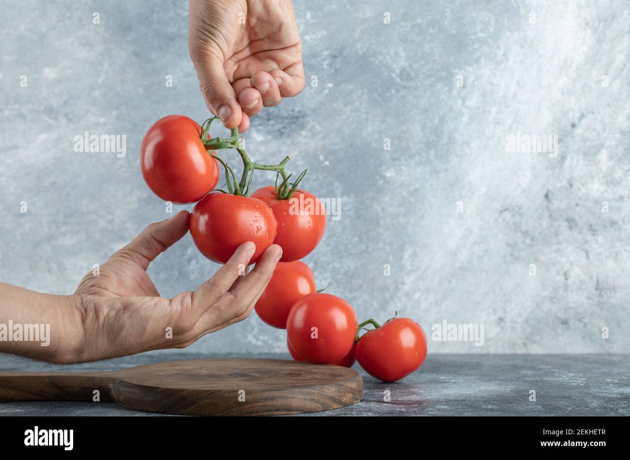 Man hands holding a bunch of juicy tomatoes Stock Photo - Alamy