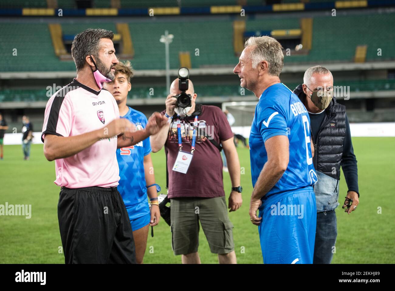 Christian Panucci, Davide Bonolis, Giorgio Panariello and Paolo Bonolis at  the Match of the Heart live from the Bentegodi Stadium in Verona with the  challenges of the teams led by Alessandra Amoroso,