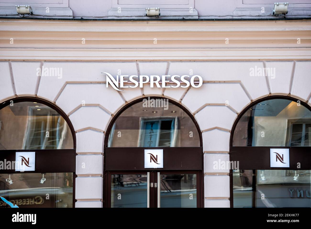 Warsaw, Poland - August 23, 2018: Cafe Nespresso brand cafe restaurant exterior with nobody and historic building in downtown Warszawa Stock Photo